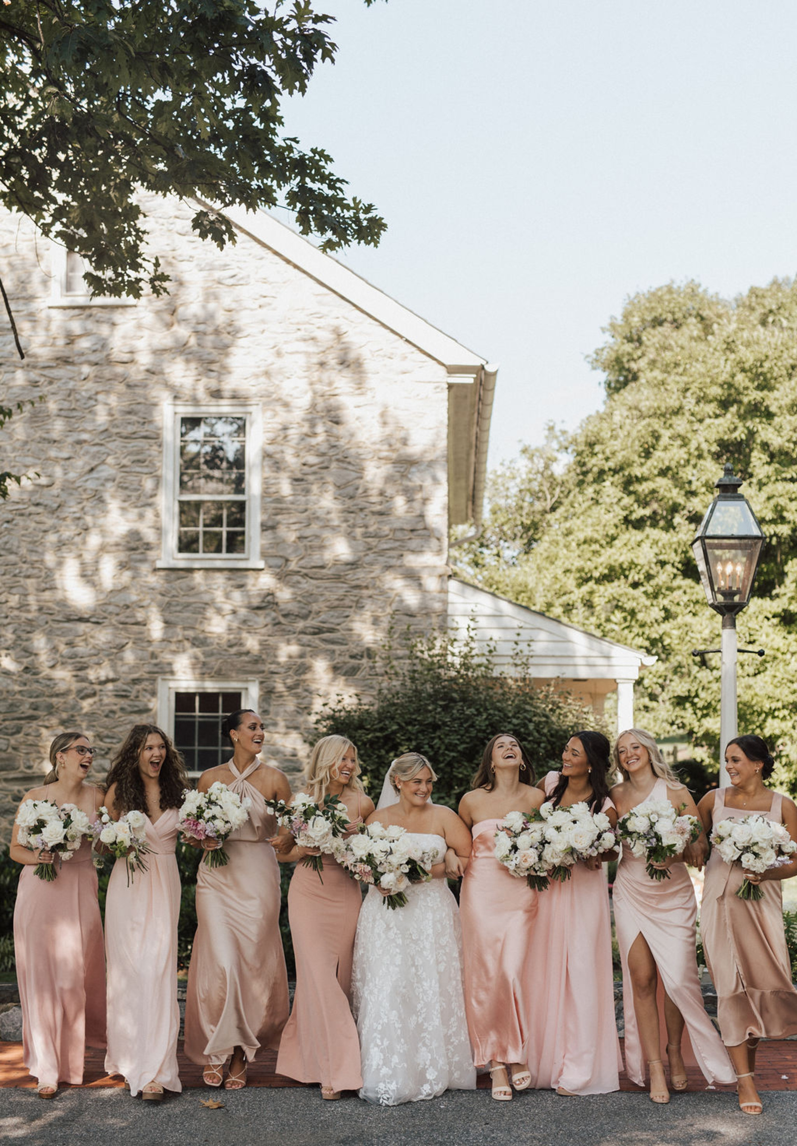 Central PA bride in lace strapless gown arm in arm with line of 8 bridesmaids in pale pink long dresses