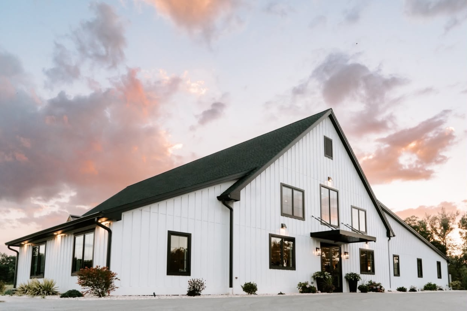Modern white wedding venue with black trim at Hazelwood Weddings in New Oxford, PA.
