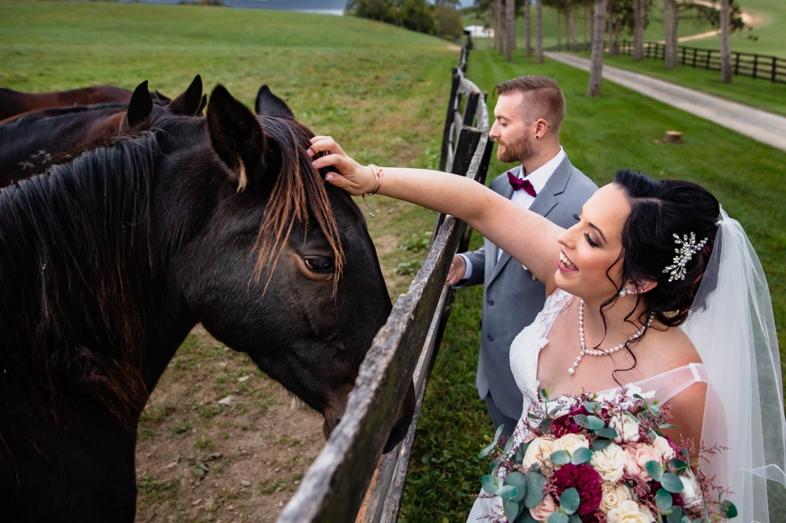 Newlyweds pet horses over a fence during wedding portraits at a countryside Pennsylvania wedding venue.