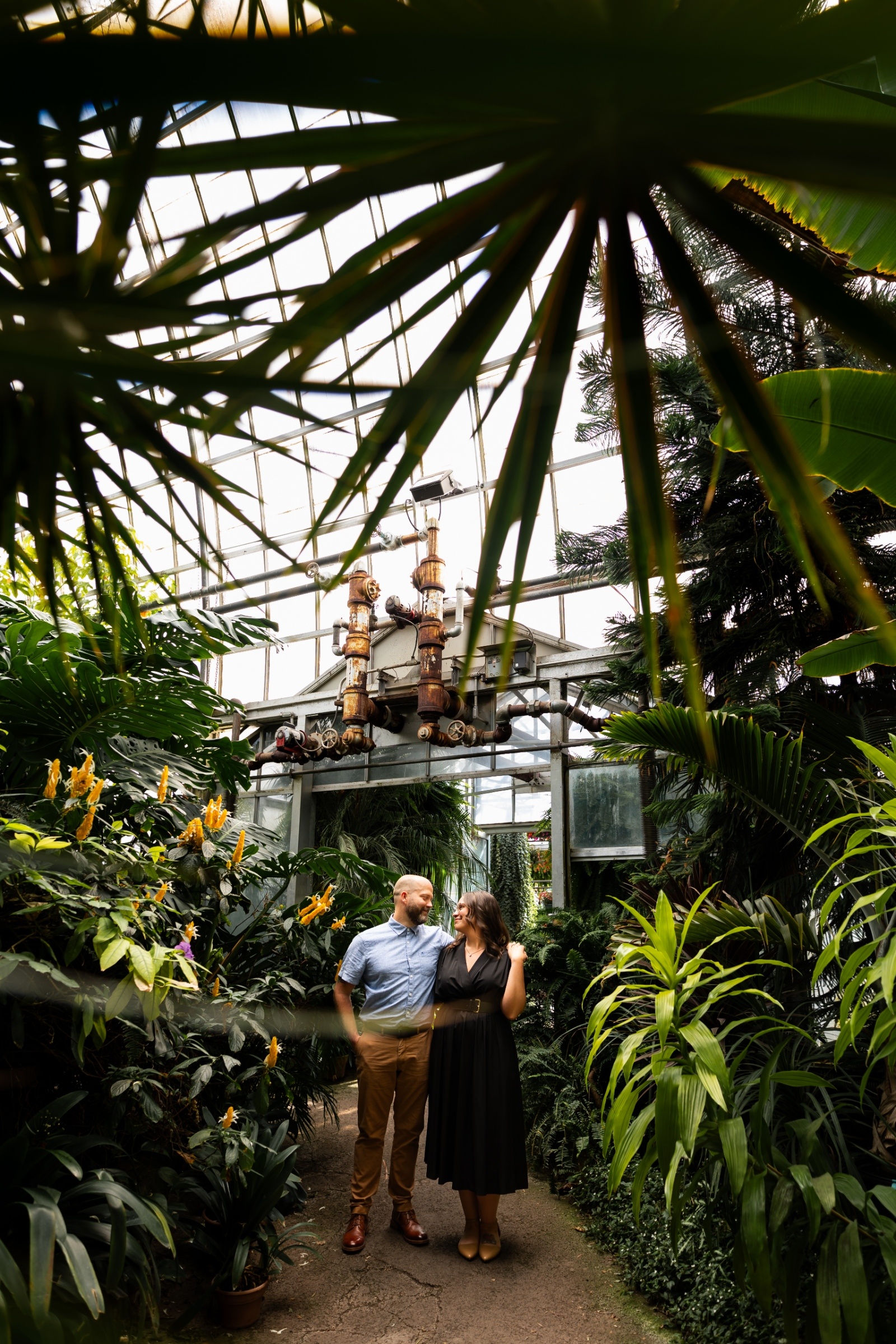 A couple stands together surrounded by vibrant tropical plants inside Ott’s Exotic Plants greenhouse in Central Pennsylvania, framed by palm leaves and warm natural light filtering through the glass ceiling.