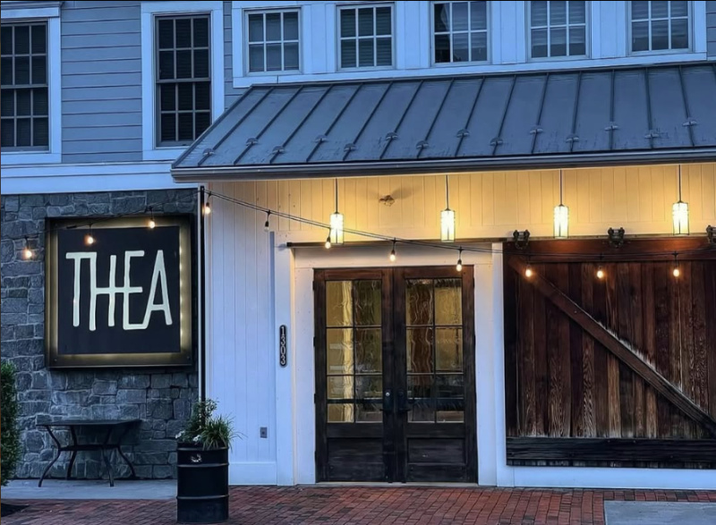 THEA Restaurant in Mechanicsburg Exterior entrance of THEA in Mechanicsburg, Pennsylvania, a modern restaurant and rehearsal dinner destination near Harrisburg.