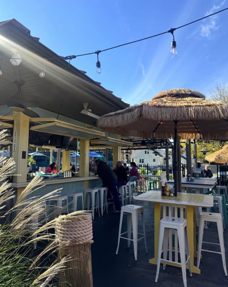 Outdoor patio at Tobias Frogg in Lancaster, PA, with bar seating, high-top tables, string lights, and tropical-style umbrellas.
